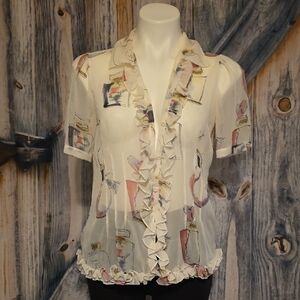 Cabi Women's Ruffled Blouse - Perfume Bottle Print